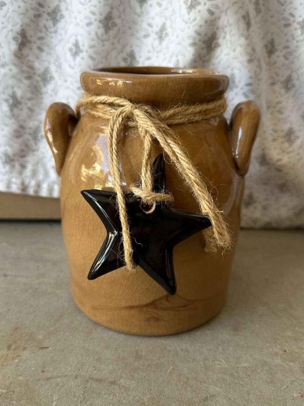 Rustic Country Primitive Ceramic Jar with Black Star Accent